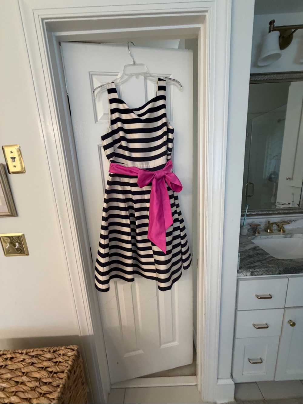 Eliza J Navy and White Striped Dress with Hot Pink Sash